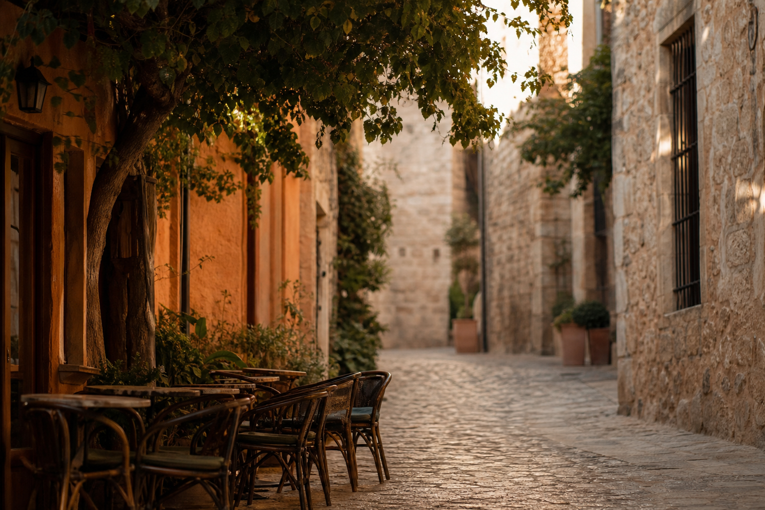 Quiet Mediterranean street at golden hour